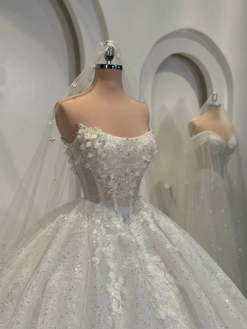 S05AAT 1439 Viet Cat eyes off shoulder long sleeve 3D flower Ball gown Estee