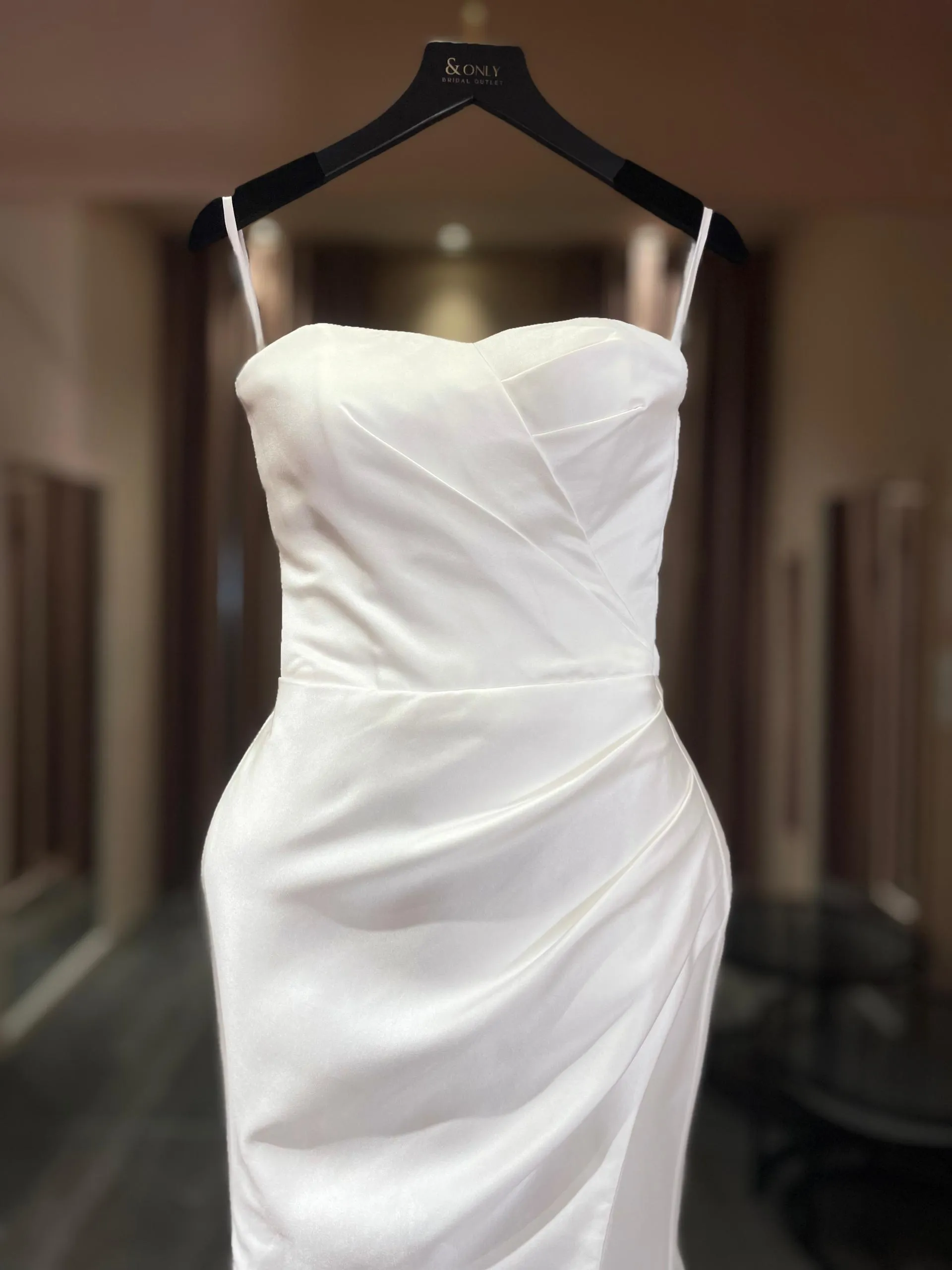 S05AAT 1279 Satin pleats mermaid with slit cat eye neckline