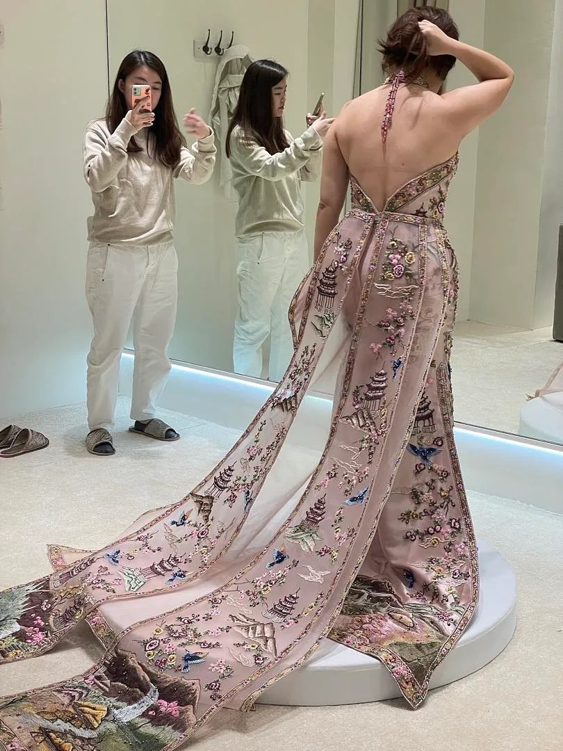 S05AAT 1484 indonesia sangjit cheongsam Champagne pink 3 layers train 