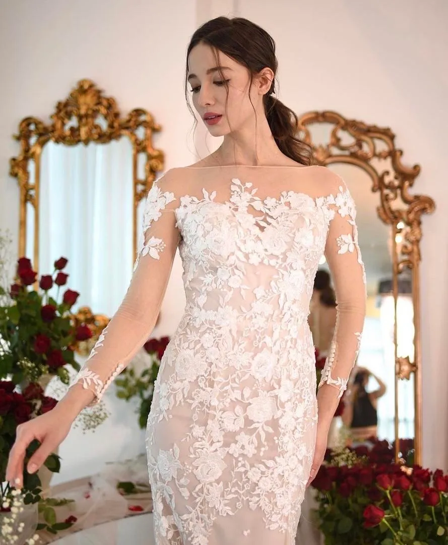 S05AAT 0702 - Long sleeves lace illusion larissa champagne mermaid