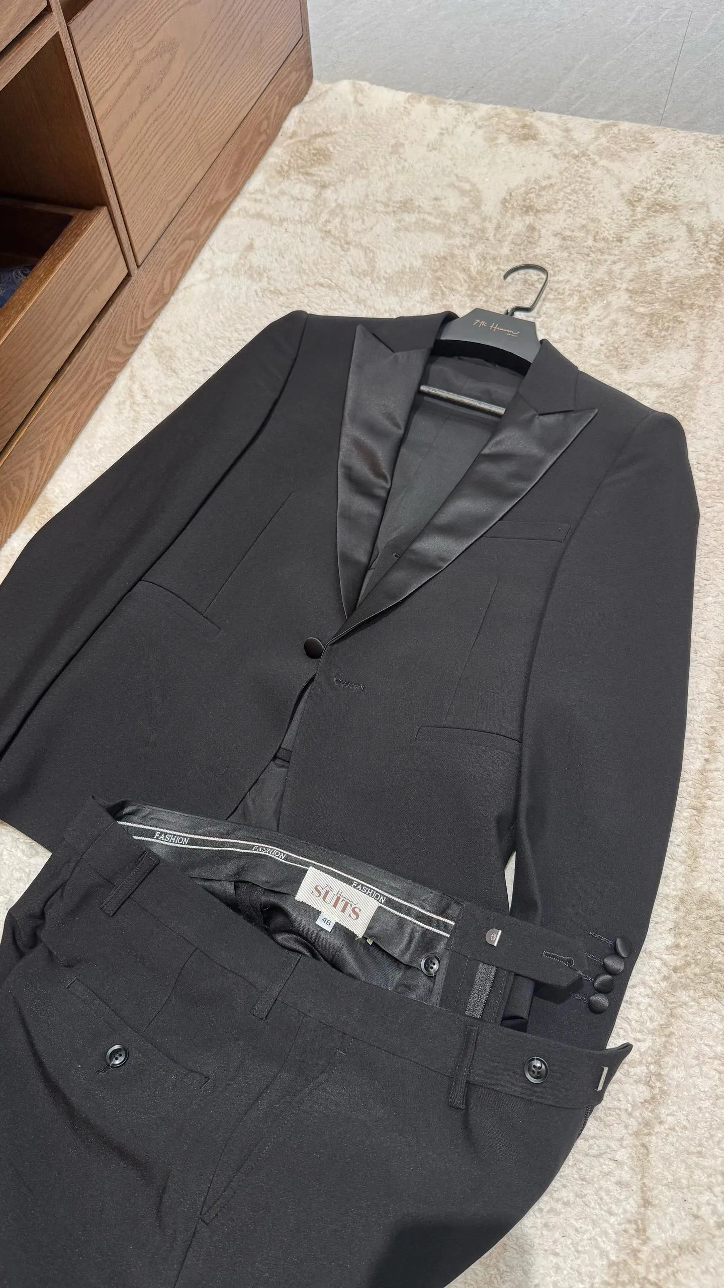 S05AAT 1675 PANTS - Black Navy Tux Single Breasted One Button Satin Peak Lapel