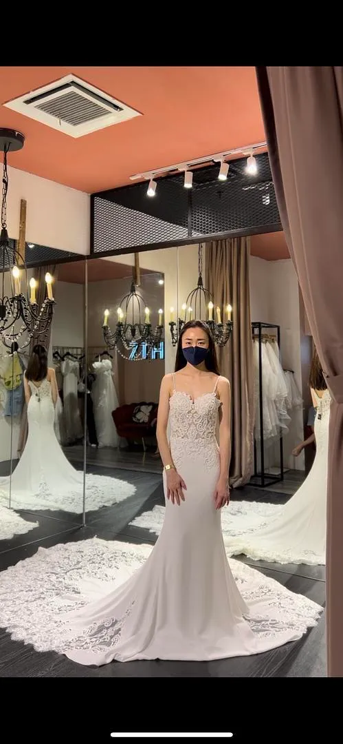 S05AAT 1061 celeste version Spag Strap new Chiffon long lace train