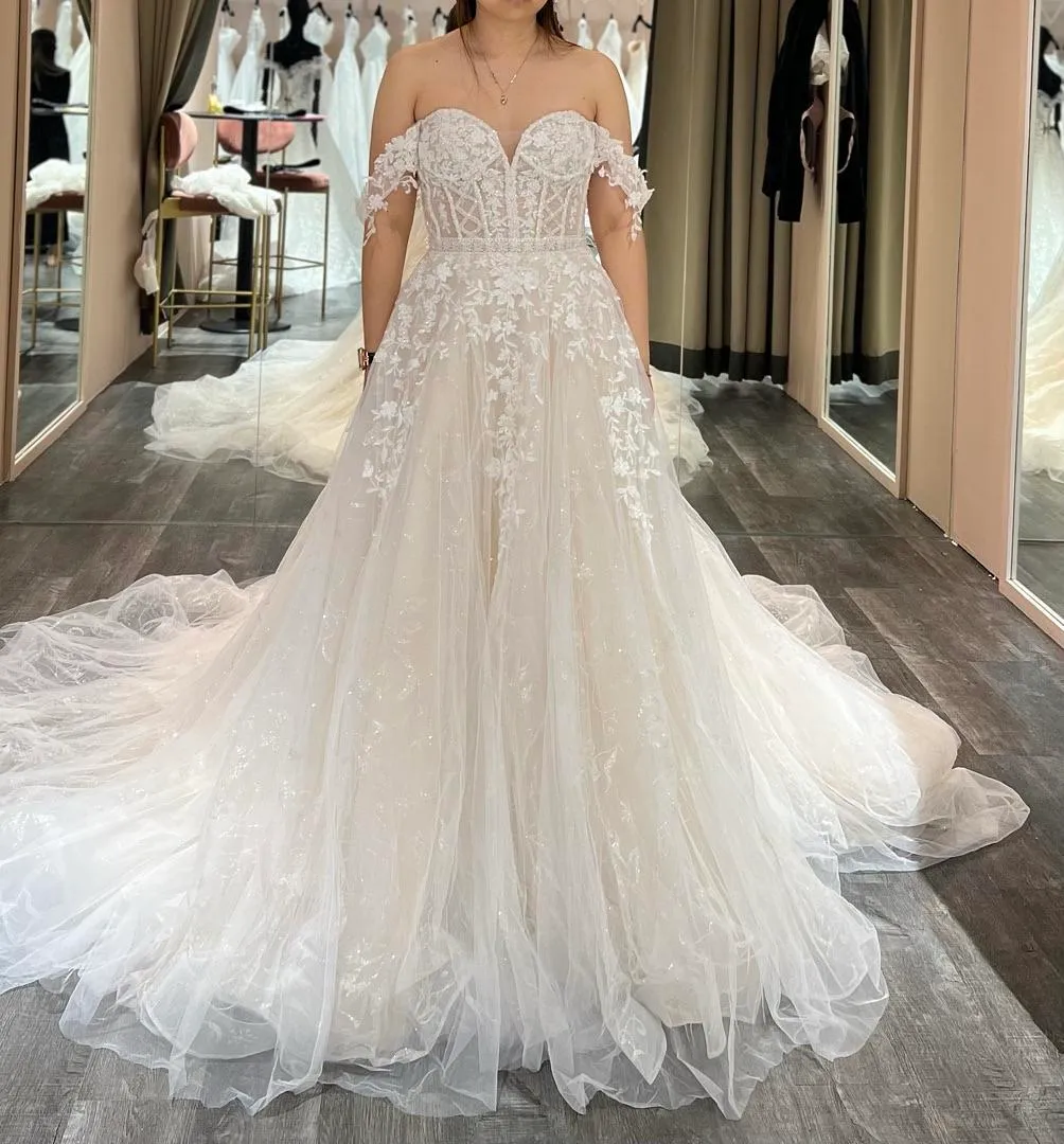 S05AAT 1198 A line sweetheart corset top with off shoulder champagne and glitters