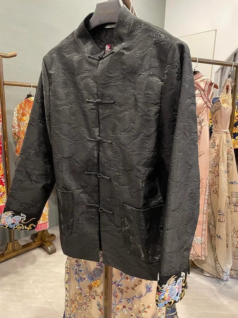 S05AAT 1548 - male kua Wave Black chinese button top blue design on sleeve