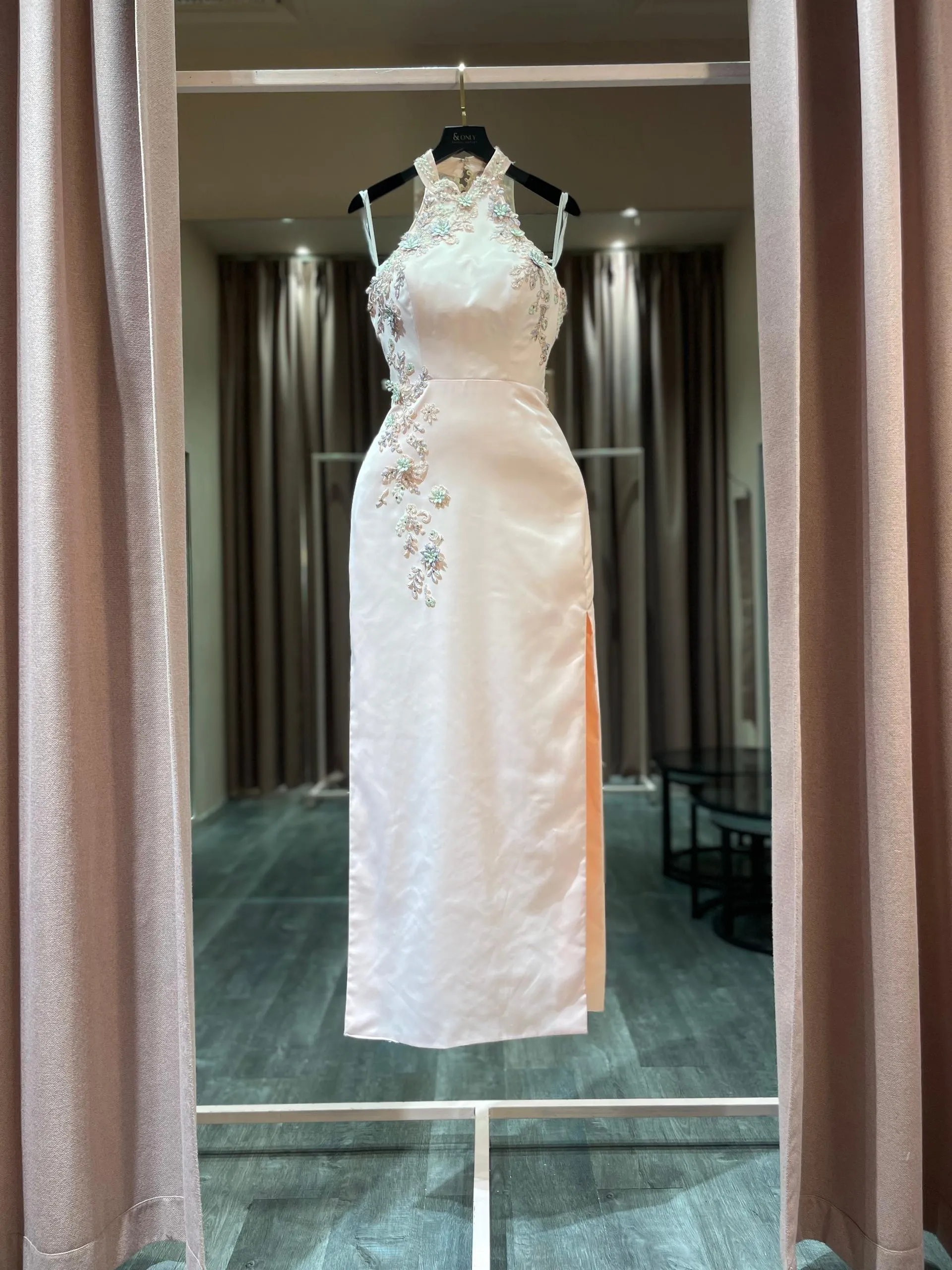 S05AAT 1508 modern cheongsam Pink base with lace aini modified