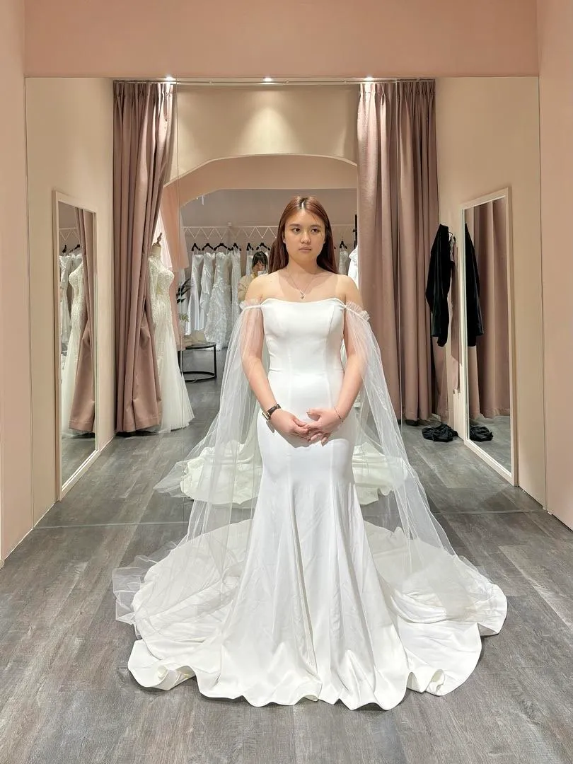 S05AAT 1336 egg white Satin mermaid with sheer fairy off shoulder