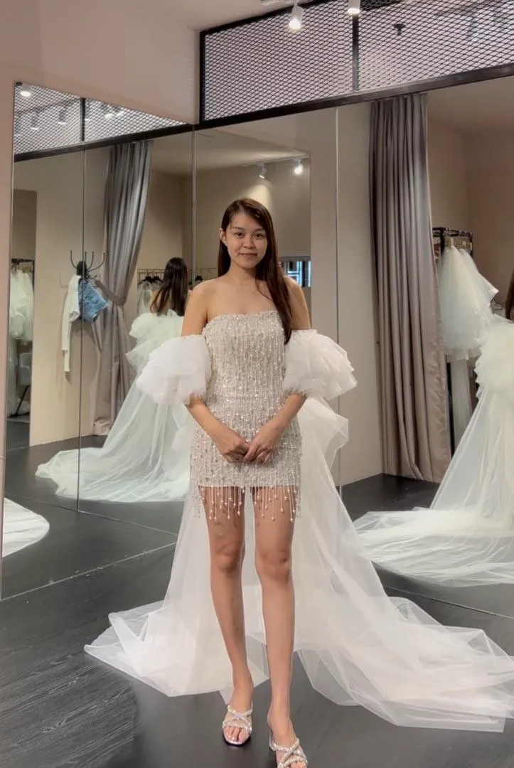 S05AAT 1261 Party short dress tangling beading with train