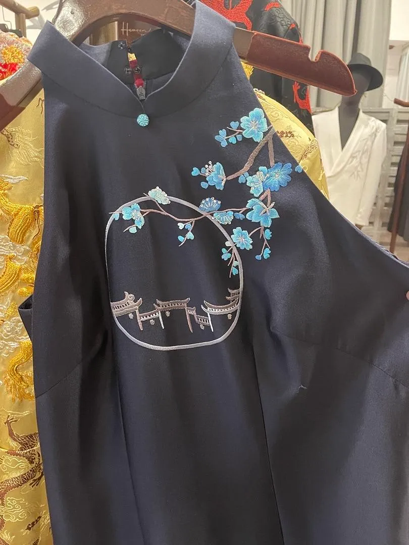 S05AAT 1446 Simple Cheongsam Navy Blue Flower house 