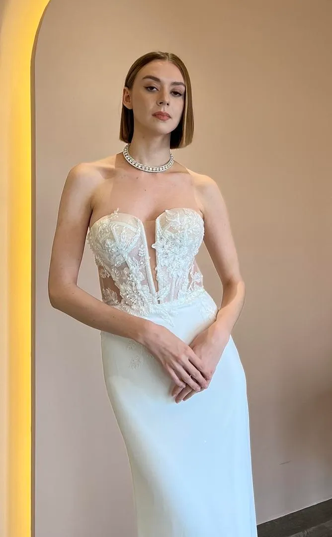 S05AAT 1185 Natalia crepe corset tube deep v mermaid spag strap