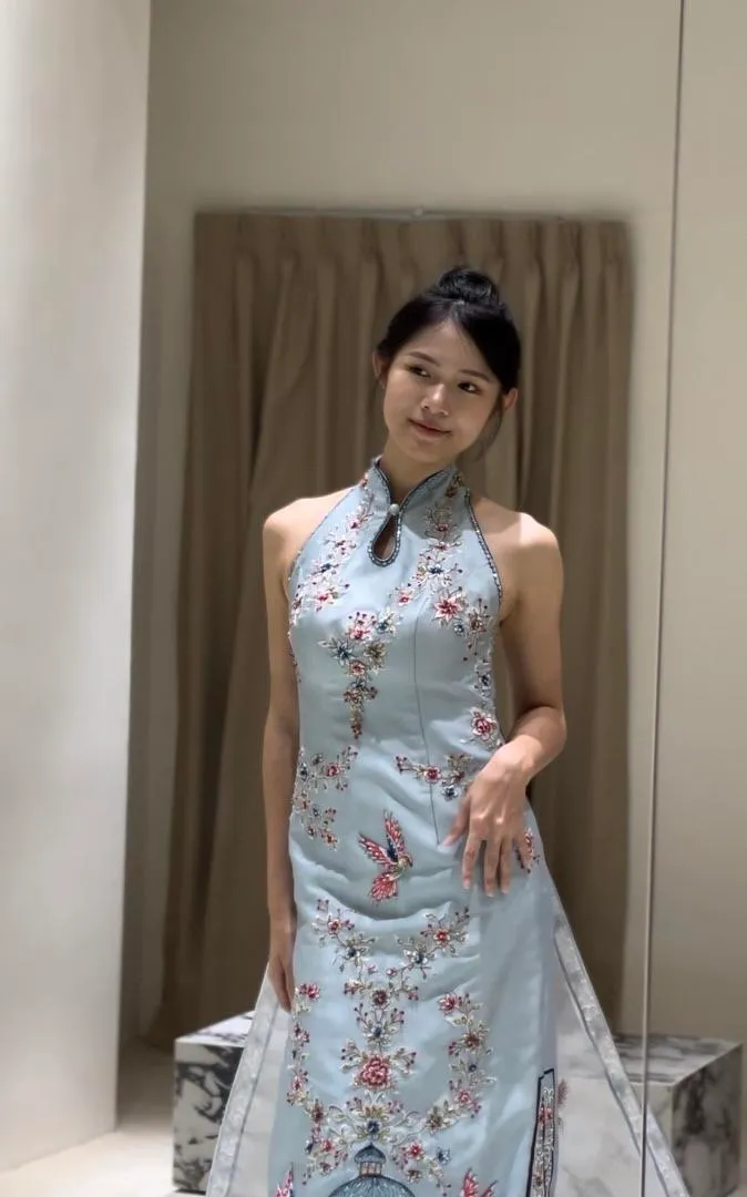 S05AAT 1562 indonesia sangjit cheongsam Light Blue with peacock train