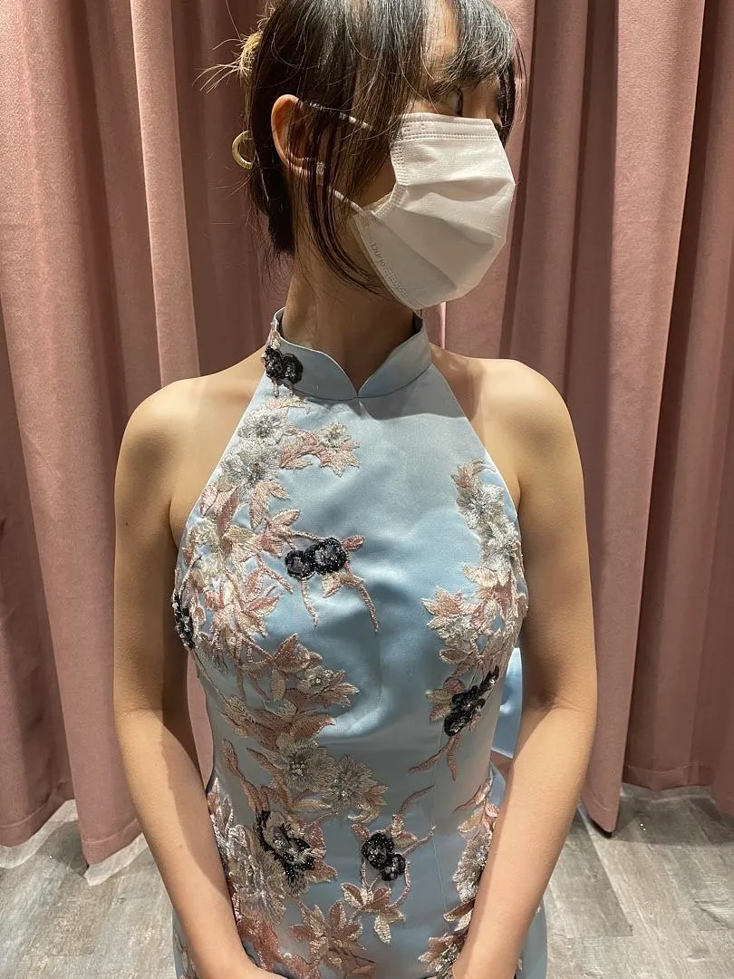 S05AAT 1305 - modern Cheongsam mermaid blueberry light blue + detach ribbon