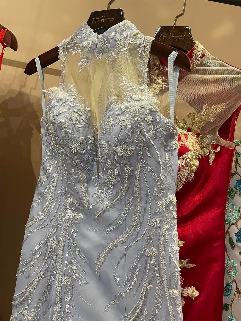 S05AAT 1510 modern cheongsam light purple lilac similar lace mermaid with train