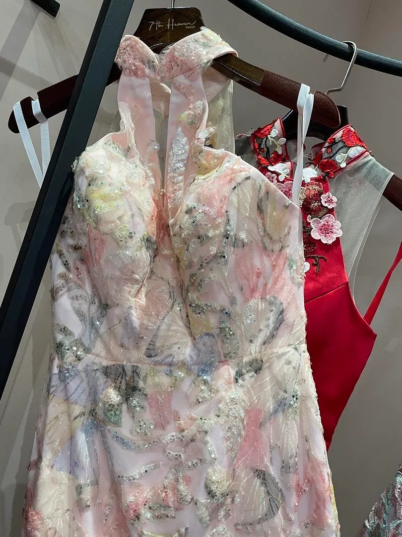 S05AAT 1512 modern cheongsam pink trumpet bottom bling lace