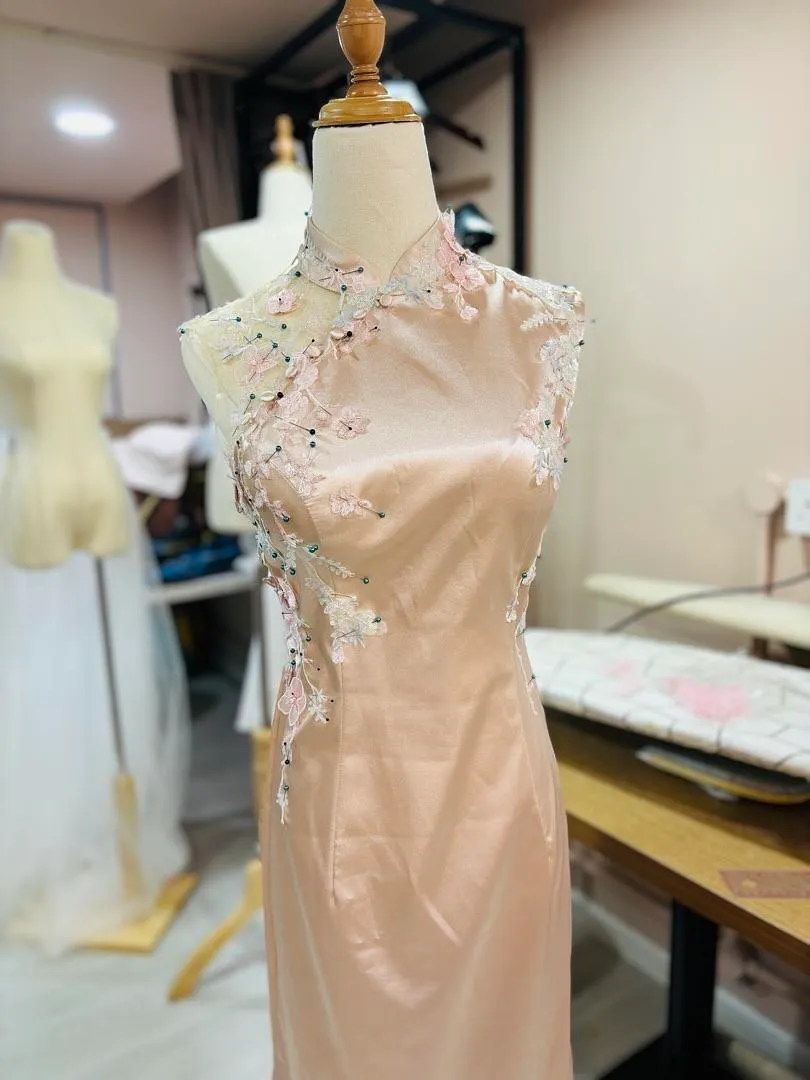 S05AAT 0913 - modern cheongsam Melissa Modified Pink champagne simple satin silk