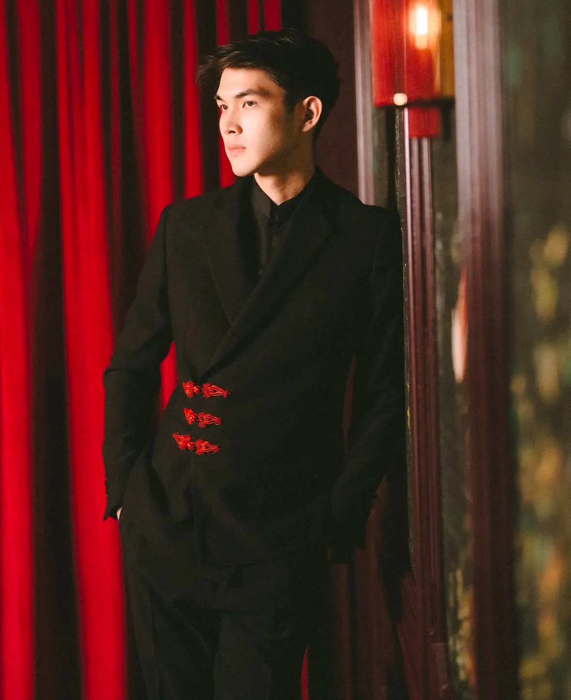 S05AAT 1384 PANTS chinese suit Modern Black Side Breasted Red three button 44# 48# 56#