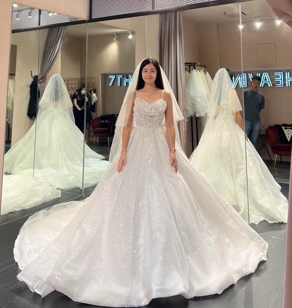 S05AAT 0948 - Msteh zig zag double spag strap full giltter ball gown XS-S