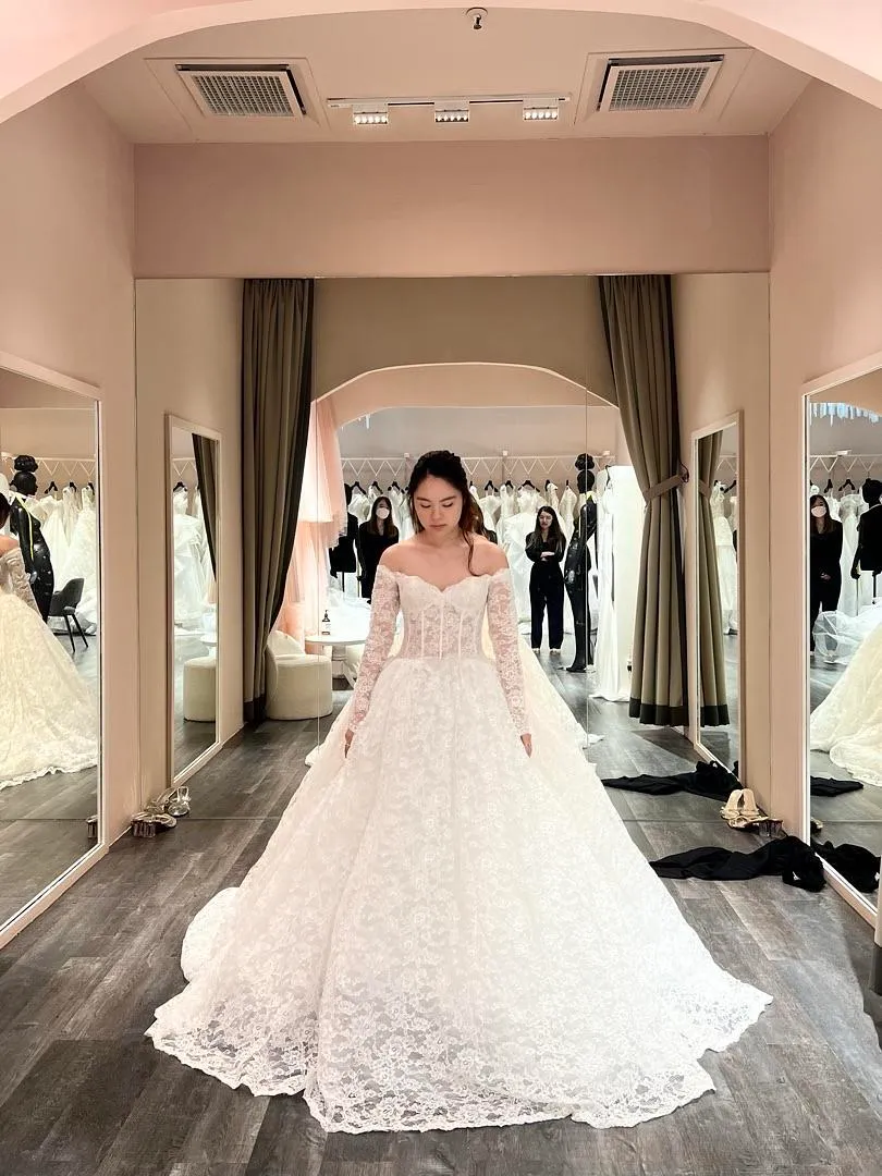 S05AAT 1217 Off shoulder long sleeve french lace ball gown vivien loo