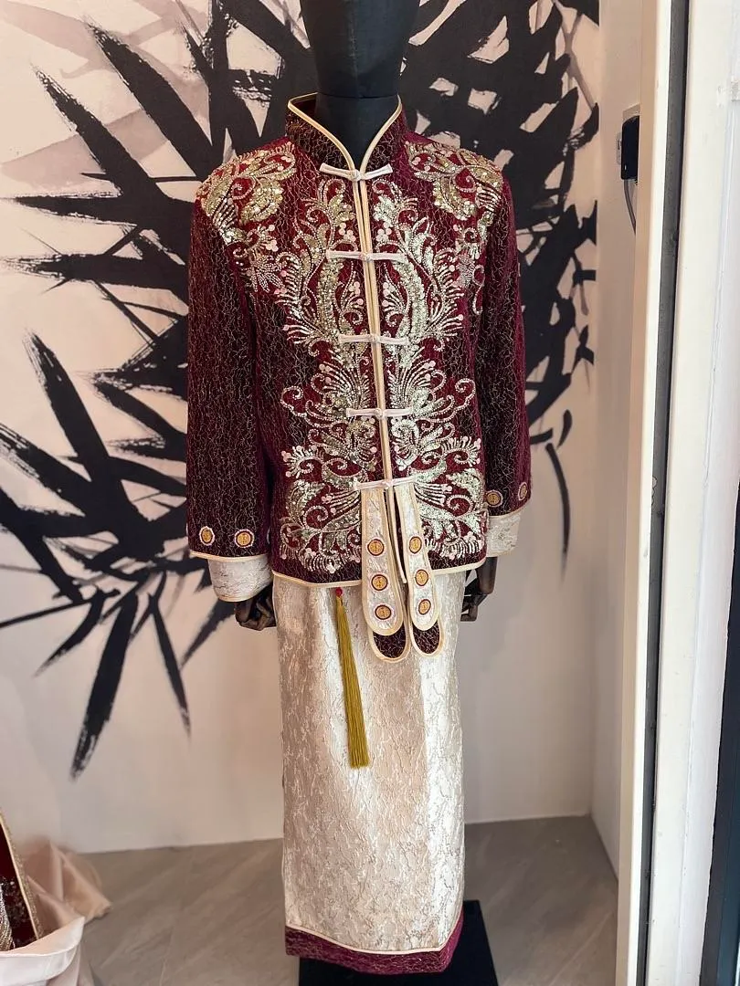 S05AAT 1182 male kua Velvet Maroon top gold bottom L XXXL