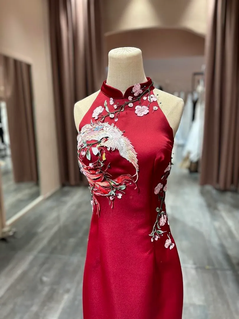 S05AAT 1397 modern cheongsam Melissa Modified Halter Neck Maroon Slit Phoenix 