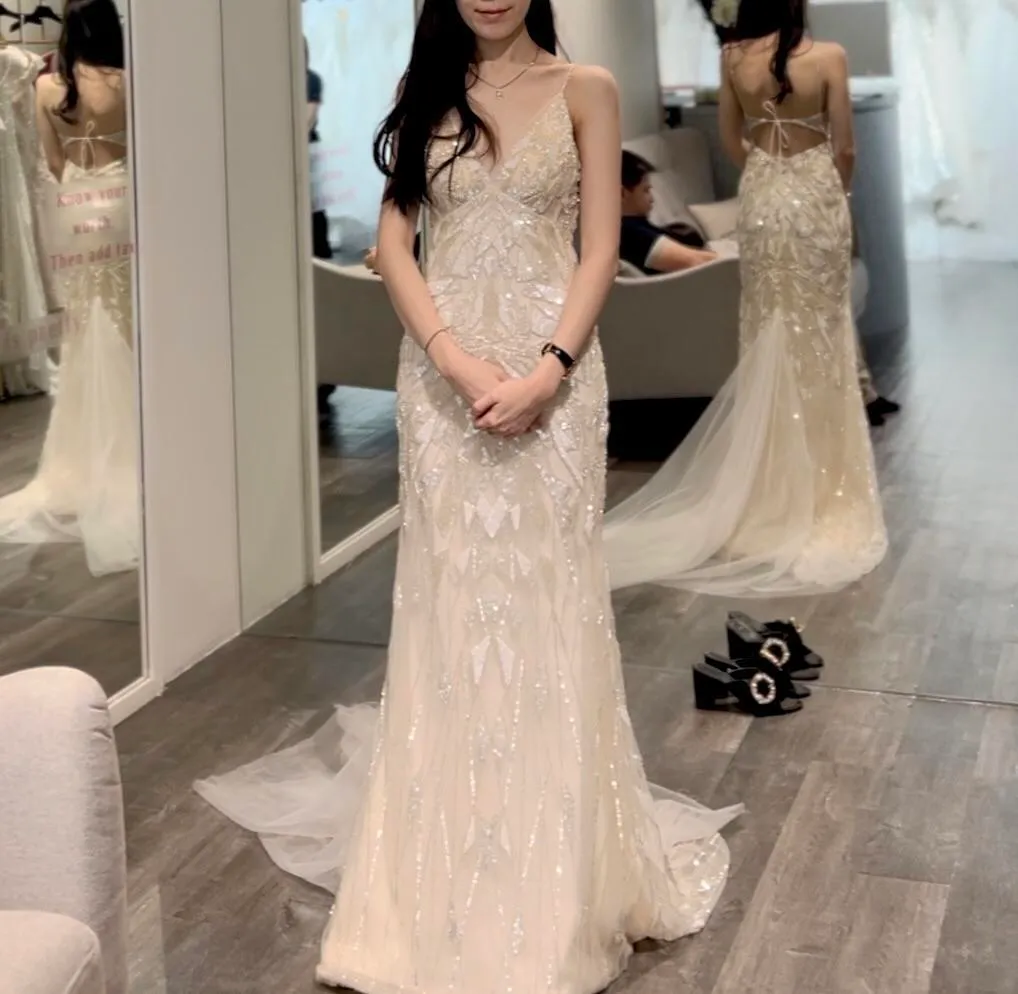 S05AAT 1023 - new Geometry cut train champagne mermaid dress