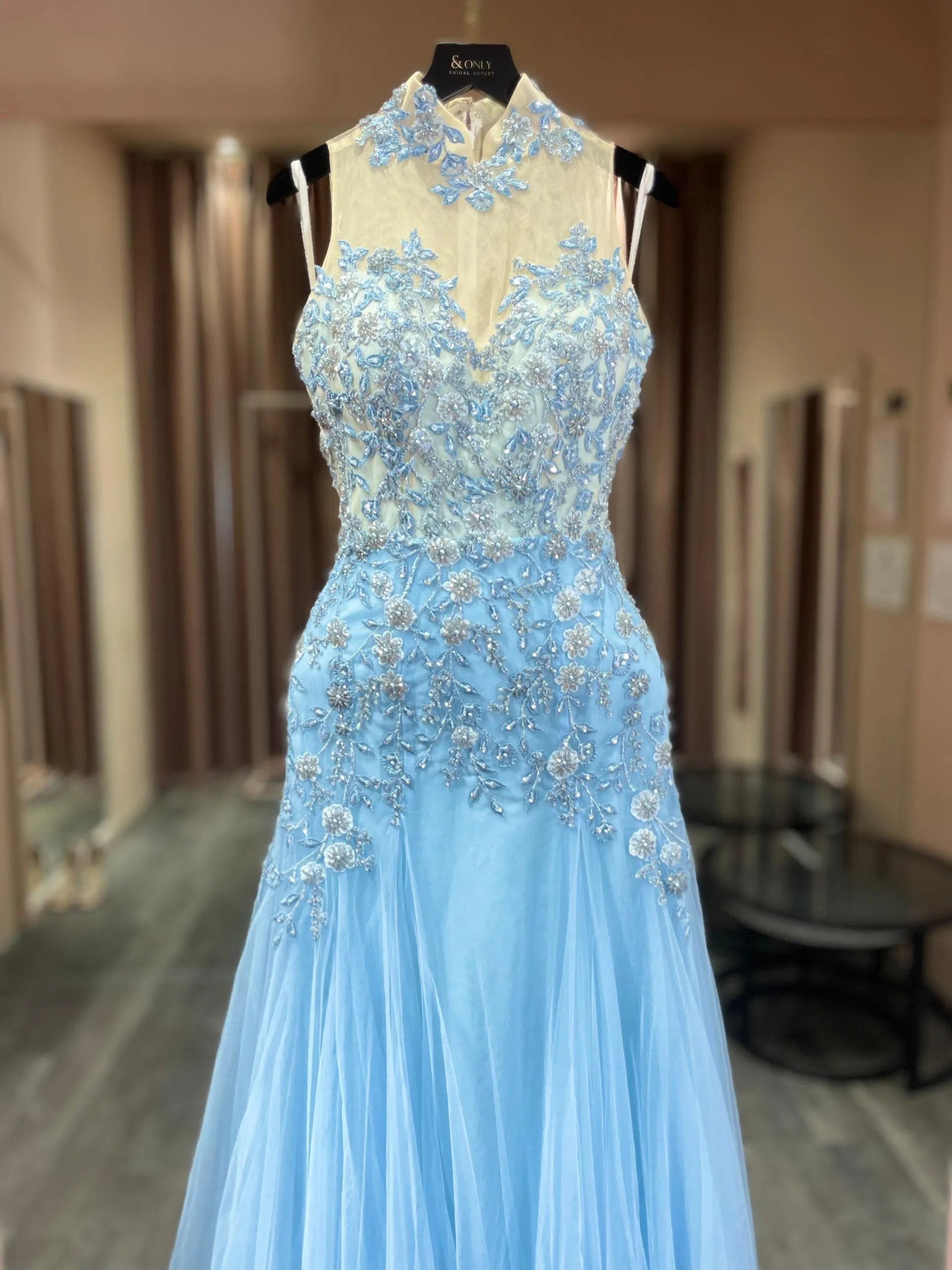 S05AAT 1357 modern cheongsam Ocean blue tulle bottom