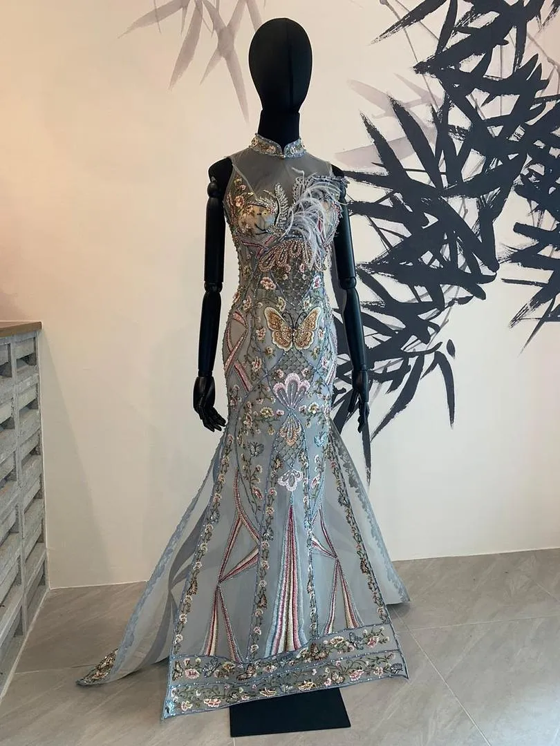 S055AAT 1102 - Indonesia sangjit cheongsam butterfly grey 