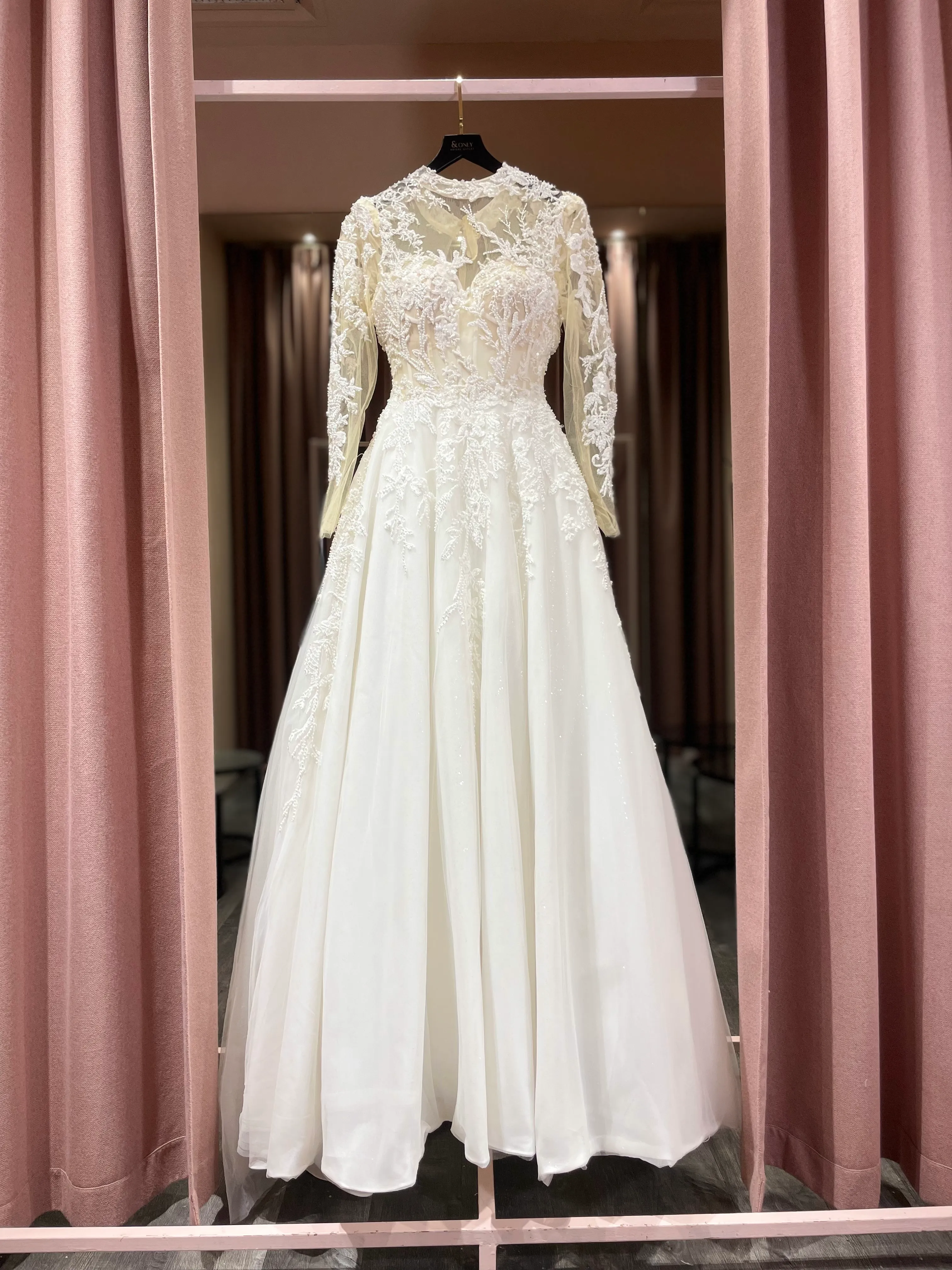 S05AAT 1281 High Neck beaded long sleeve A line illusion XL