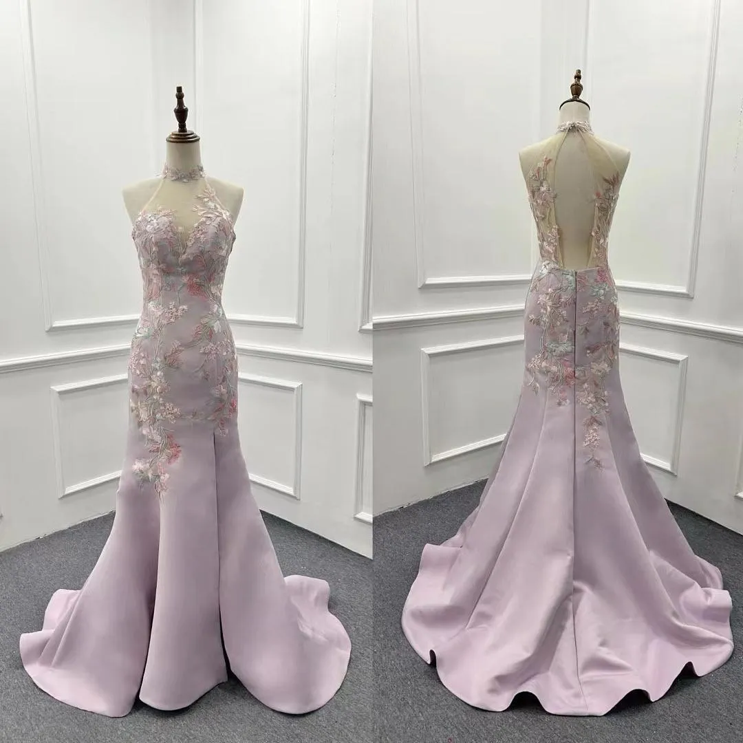 S05AAT 1505 modern cheongsam halter sheer back mermaid purple