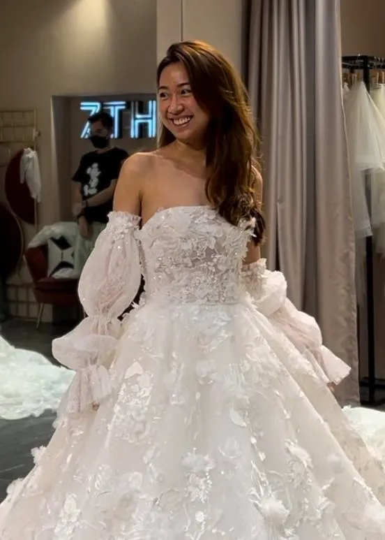 S05AAT 1164 3D flowers tube lace puffy off shoulder long sleeve