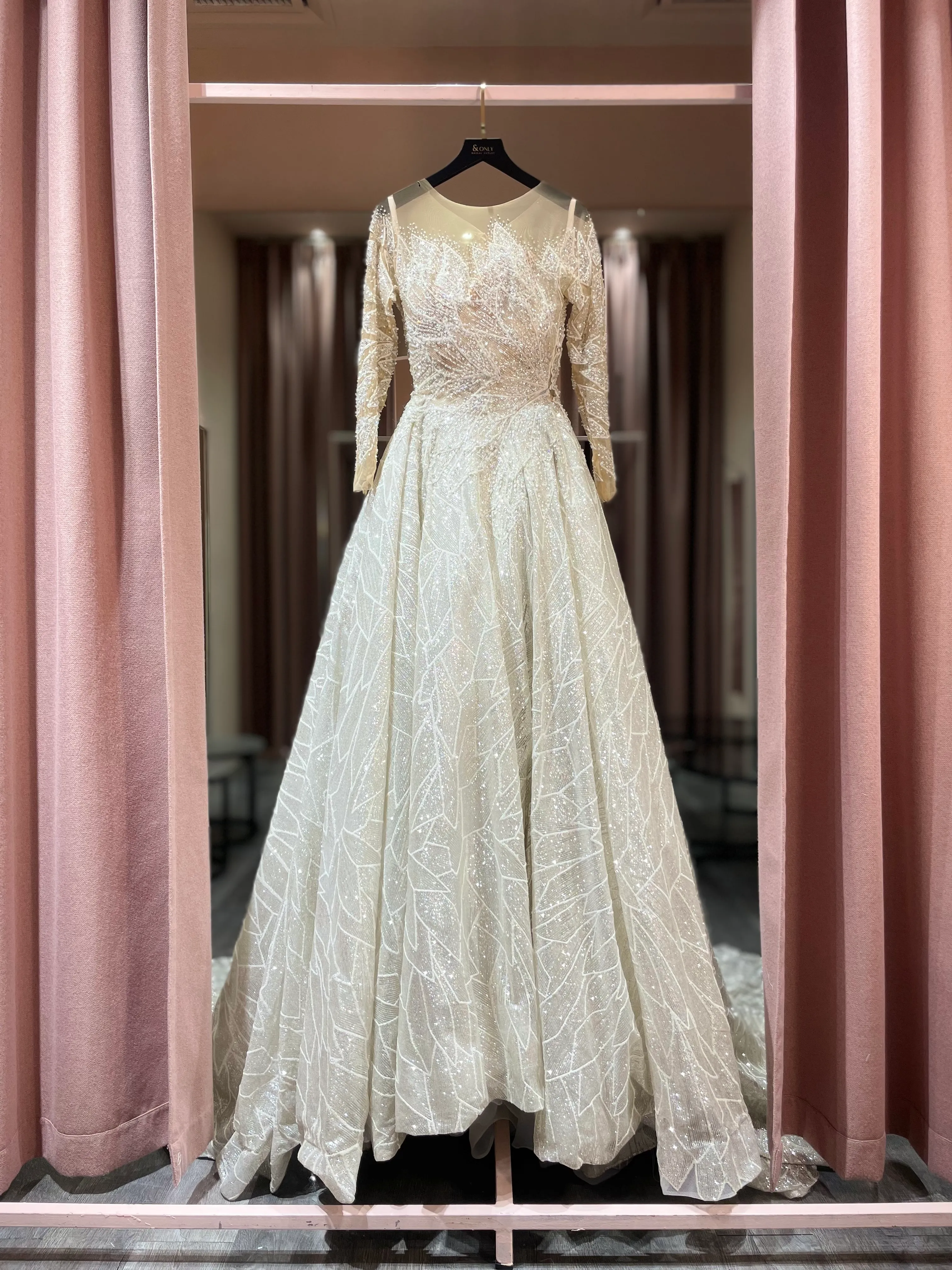 S05AAT 0584 - Hala long sleeves full silver glitter ball gown