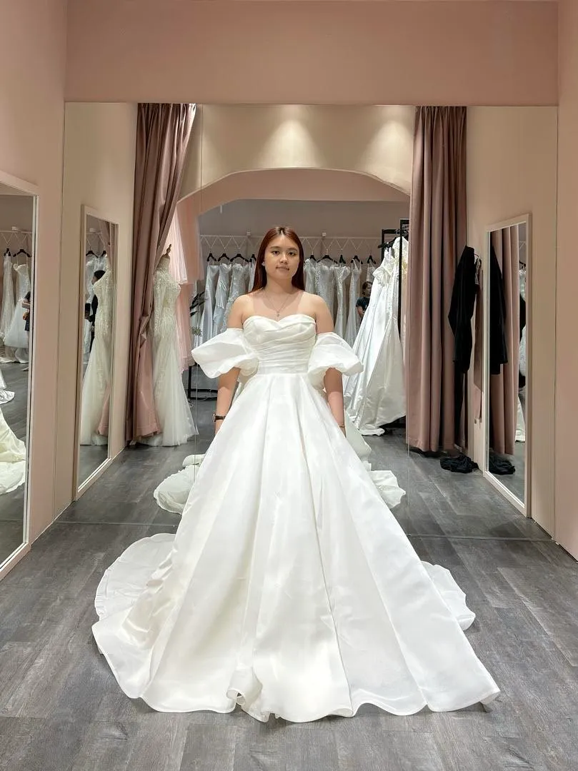 S05AAT 1337 Egg white organza A line sweetheart detachable off shoulder (M)