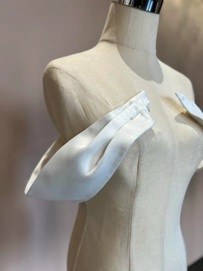 S05AAT 1138 Satin off shoulder with messy pleats