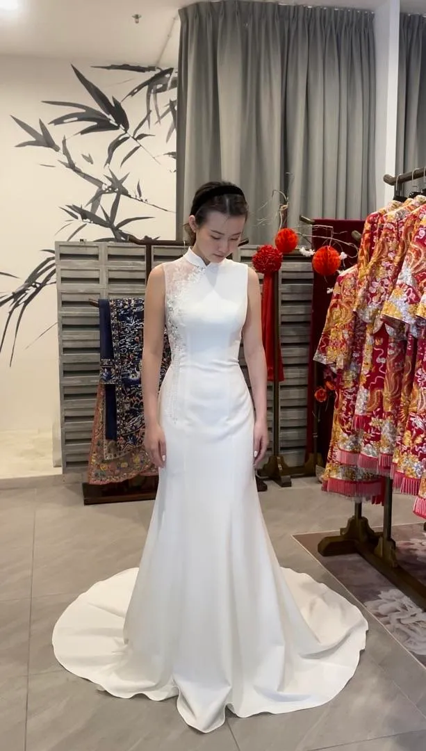 S05AAT 1415 modern cheongsam White with train