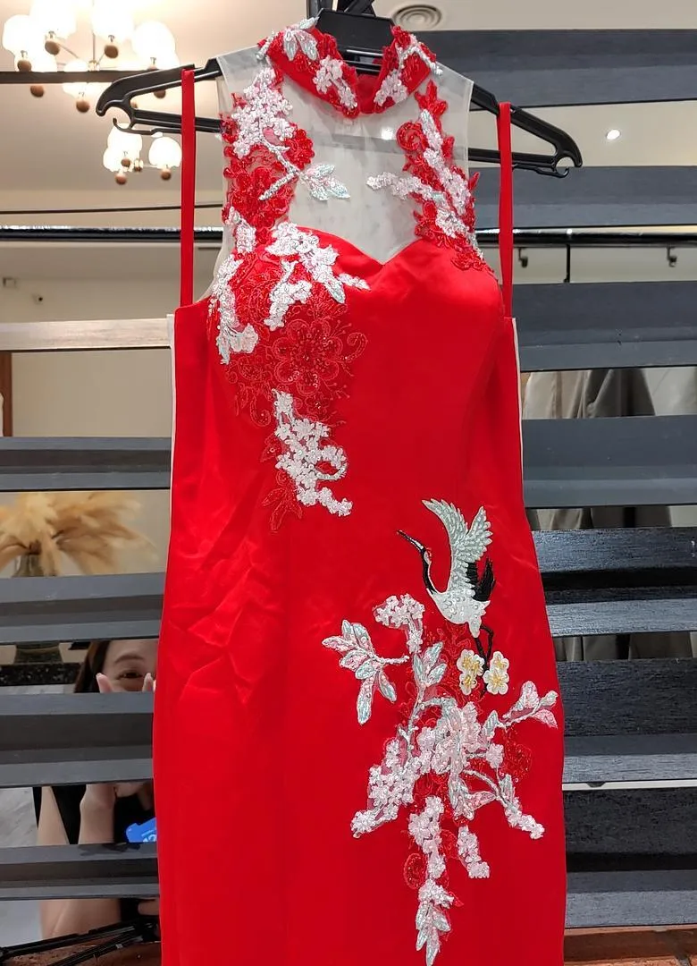 S05AAT 1584 modern cheongsam Bright red white flowers bird embroidery