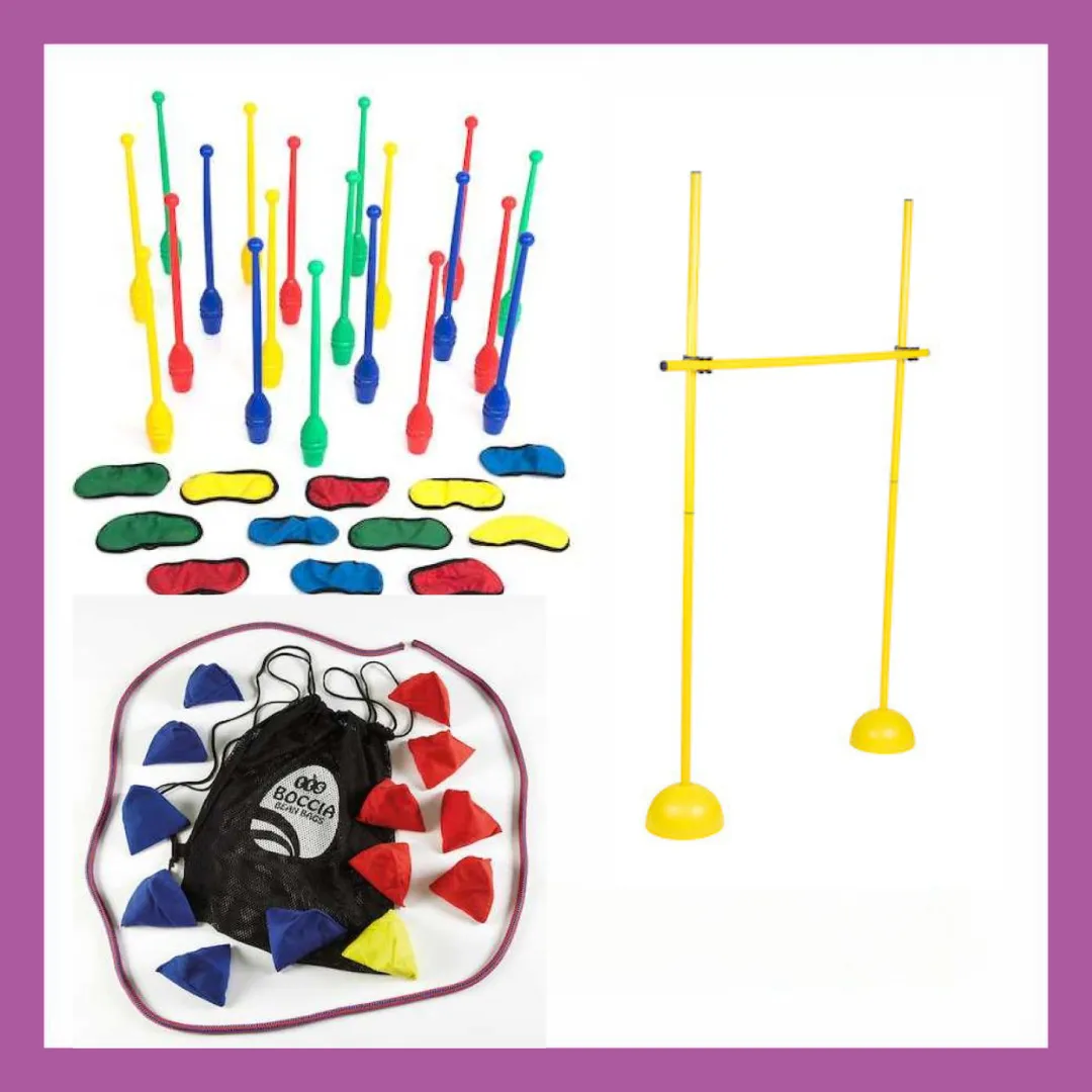 GYM 221 Game Bundle 1 - Limbo + Blindfold/Skittle Game +Bean Bag Boccia Game