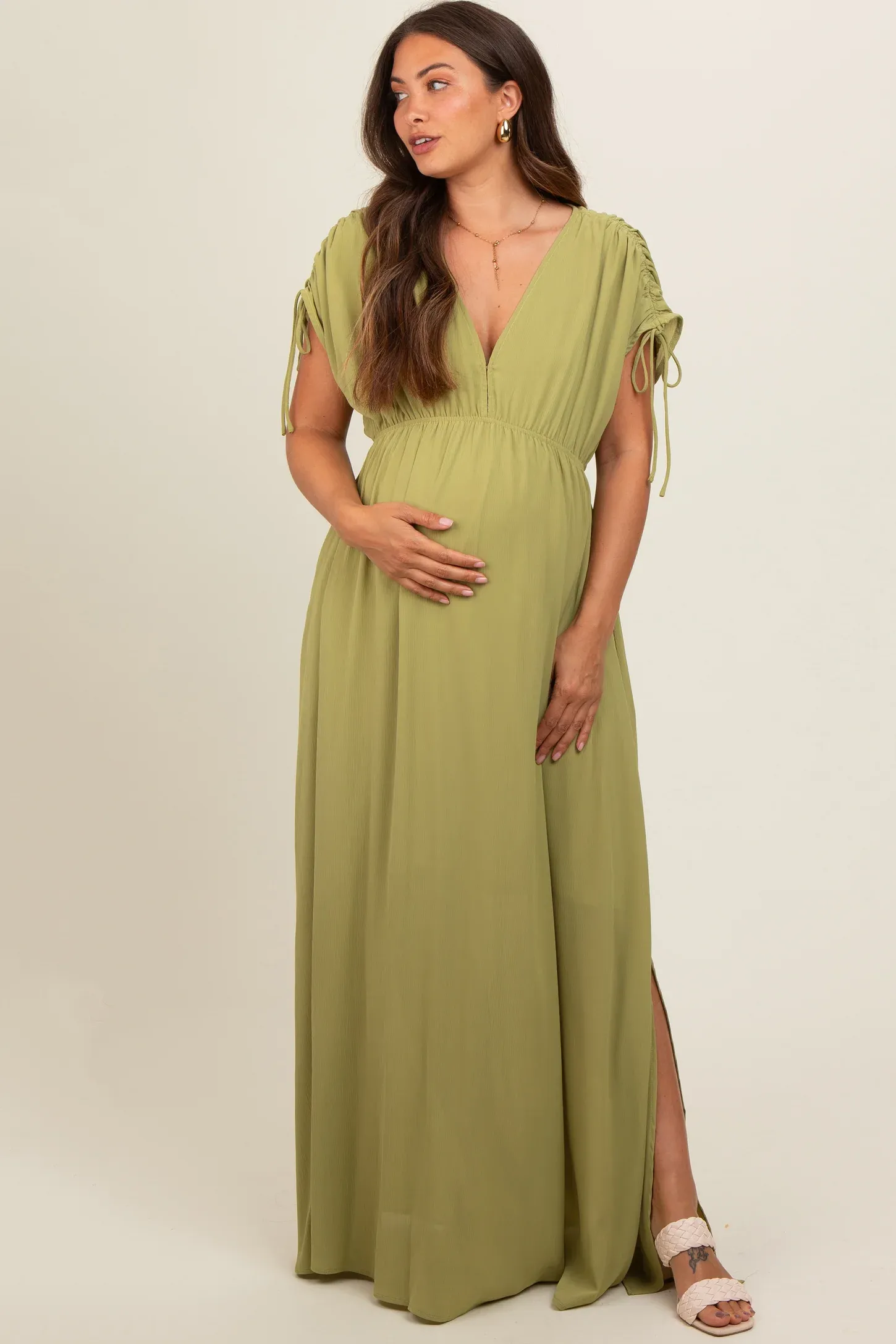 Light Olive V-Neck Drawstring Short Sleeve Maternity Maxi Dress