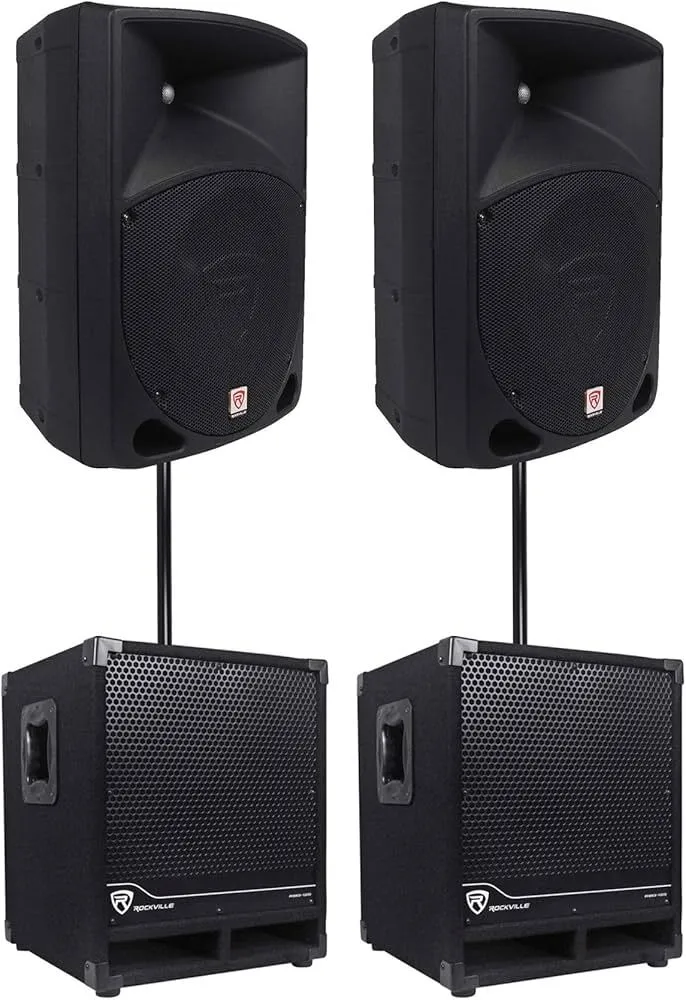 10" Powered 600W DJ PA Speakers+2) Subwoofers+Mounting Poles