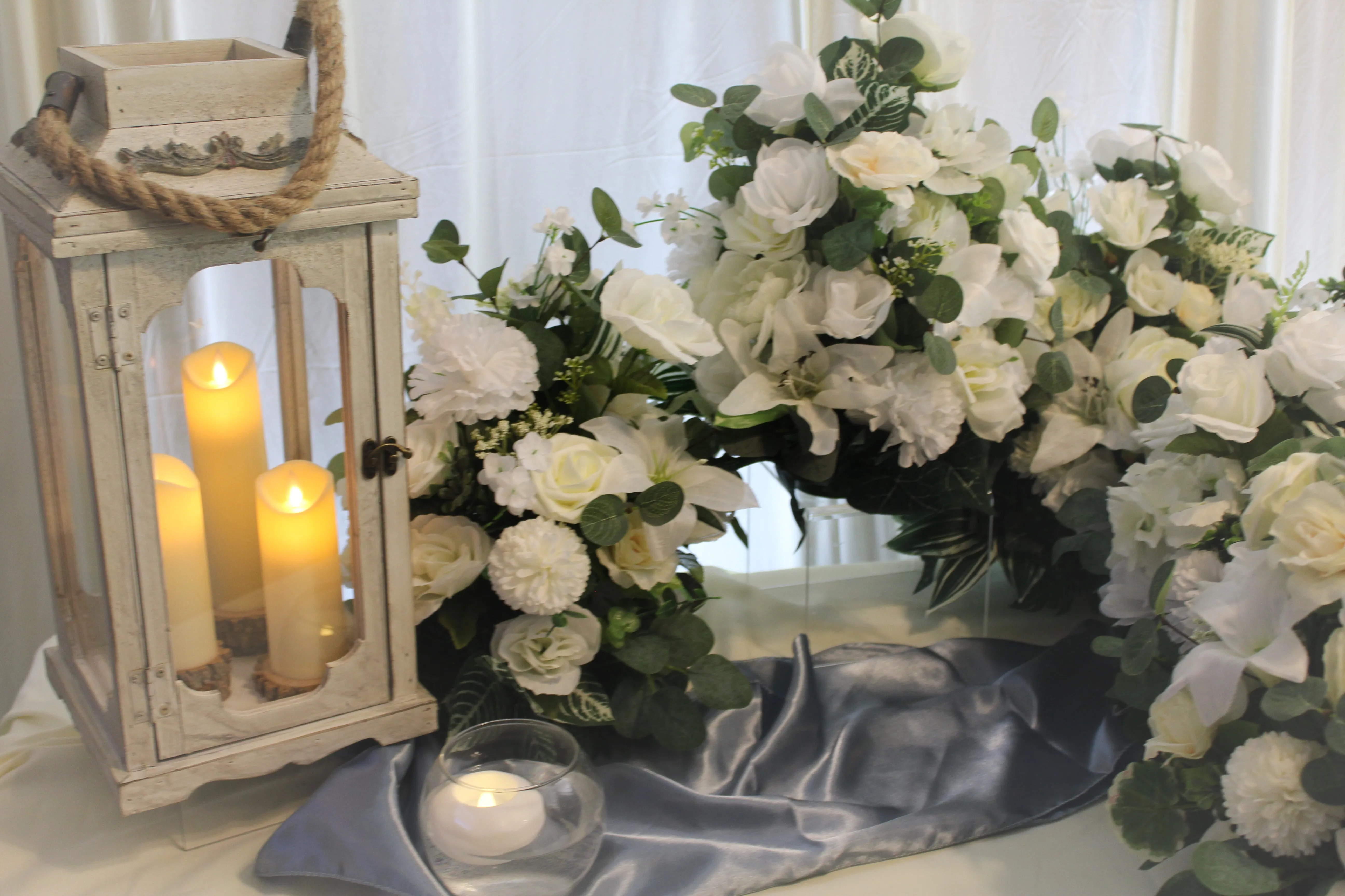 Lanterns- Distressed White Wood Lanterns with Rope- large 