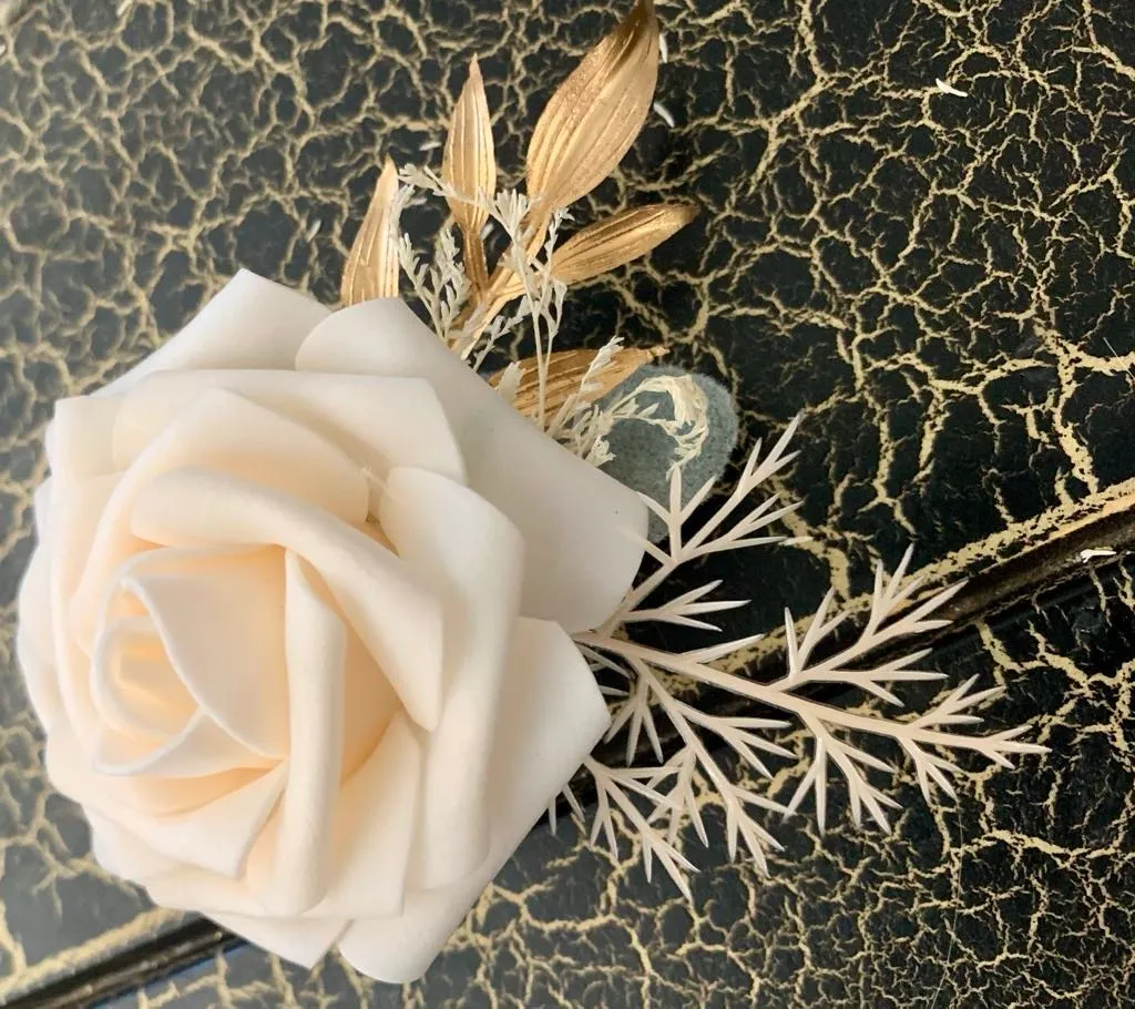 Boutonnière- White/Champagne Rose Boutonnière Gold accents