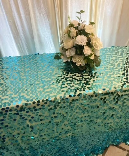 Tablecloth- Teal Big Sequin Payette Rectangle Tablecloth 90" x 156"