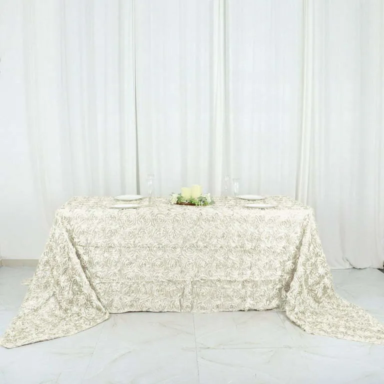 Tablecloth- Ivory 3D Grandiose Rosette Satin 90" x 156" Tablecloth
