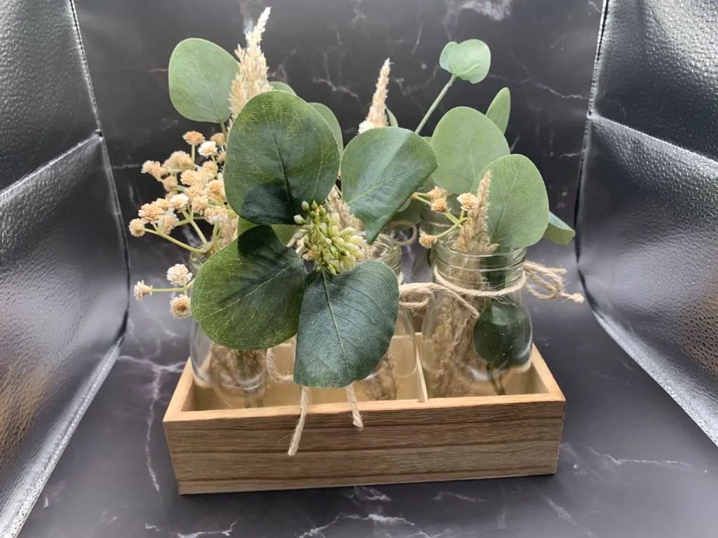 Florals- Mini Vases with Greenery in Wooden crate