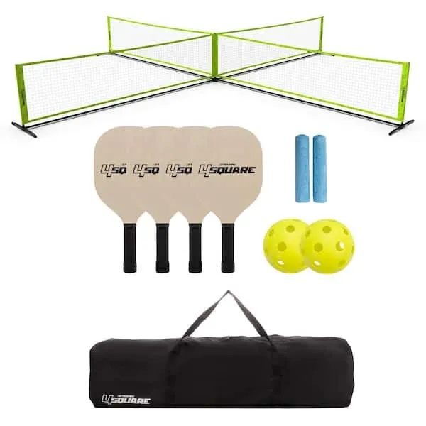 Triumph 4 Square Pickleball Game Set – Complete Outdoor Kit with 20' x 20' Adjustable Net, Steel Frame, 4 Paddles, 2 Pickleballs, Chalk & Carry Bag – Unique Backyard or Driveway Game for All Ages