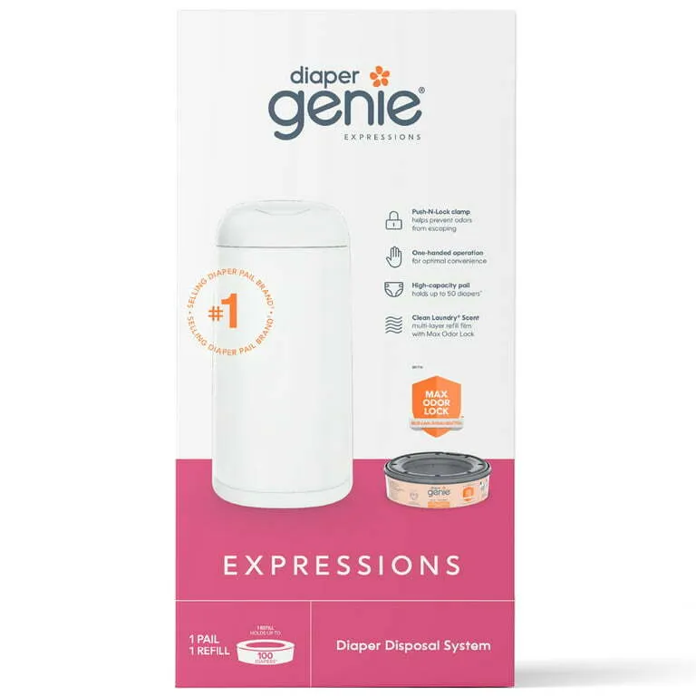 Diaper Genie Expressions Pail White, Odor-Controlling Diaper Disposal System, One Pail & One Refill