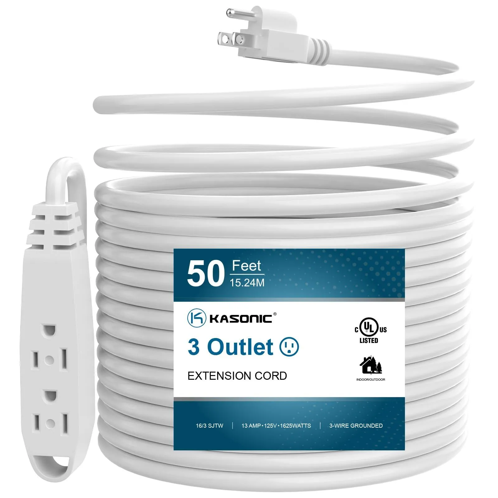 50' White Indoor/Outdoor Extension cord 13amp 125v 1625W 3 outlets