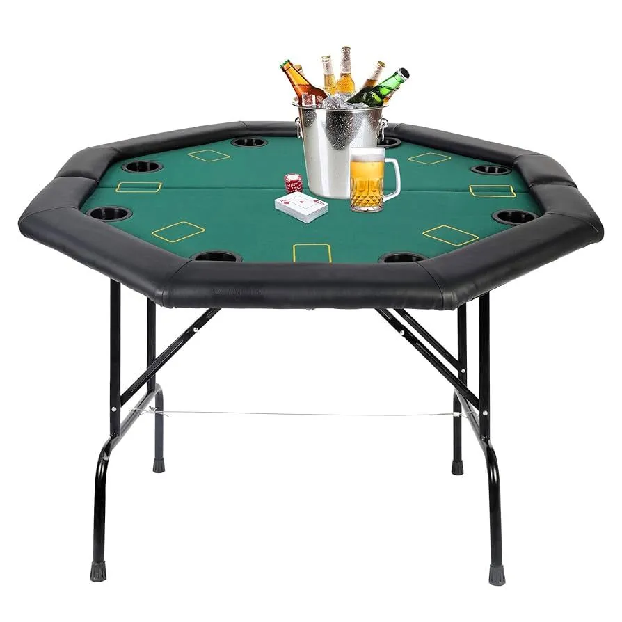 Folding Poker Table 8 Players Octagon Game Table with Leg & Plastic Cup Holders for Blackjack,Texas Poker Casino Game
