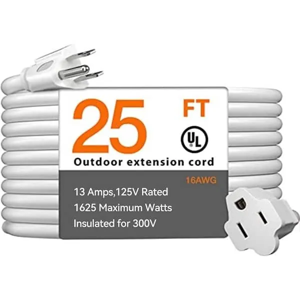 25' White Extension cord 1625 Watts 125V Indoor