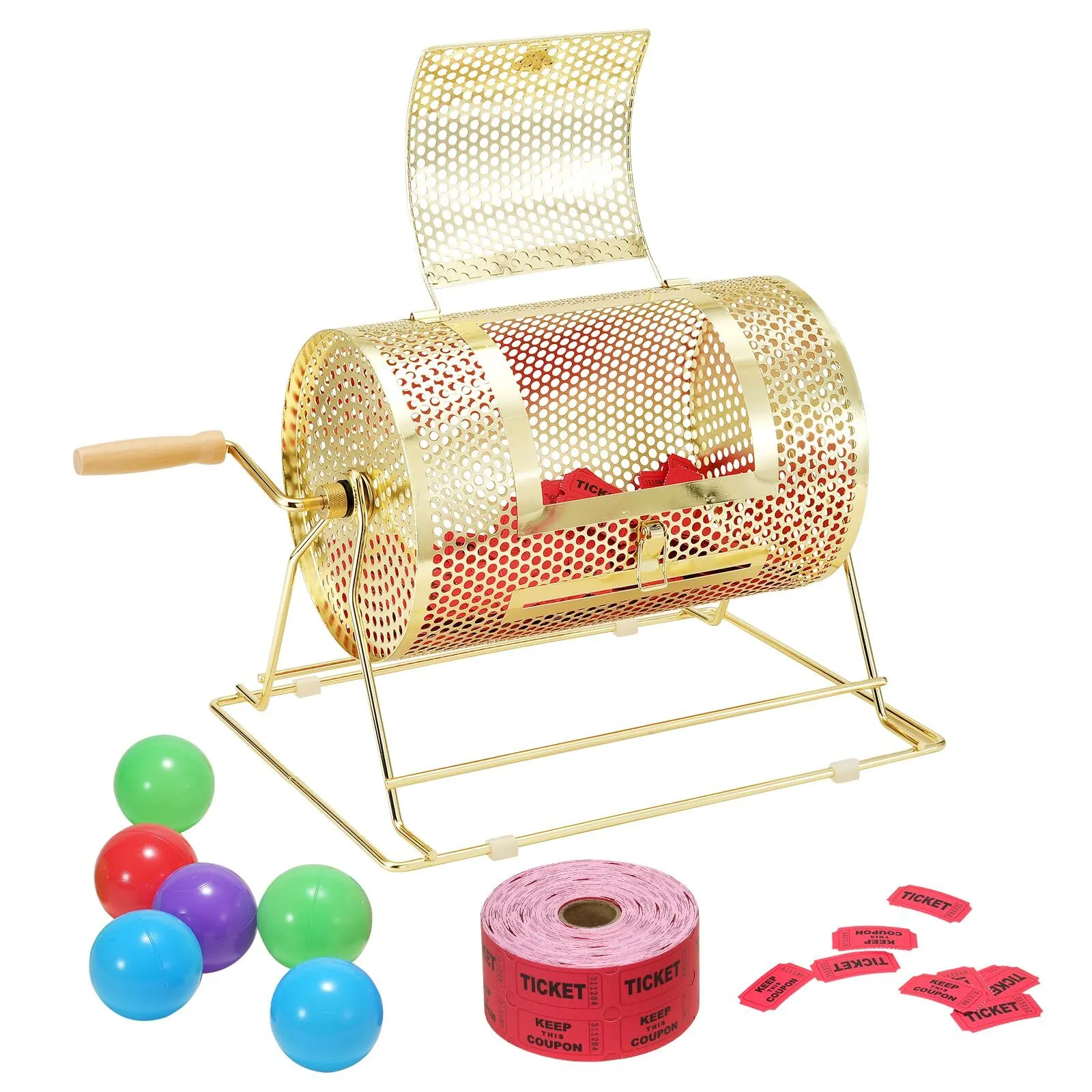 Raffle Drum, Holds 5000 Tickets or 200 Ping Pong Balls, Metal Lottery Spinning Drawing with Wooden Turning Handle,16.1 x Ø12 inch Brass Plated Raffle Ticket Spinning Cage (tickets or raffle balls not included)