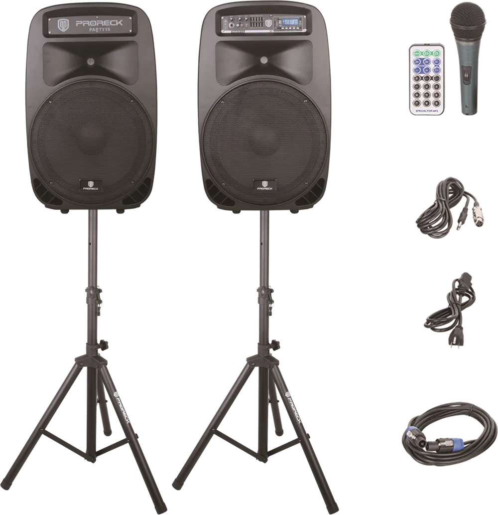 PARTY 15 2000W PA/SPEAKER SYSTEM WITH SPEAKER STANDS - Bluetooth-wired Mic