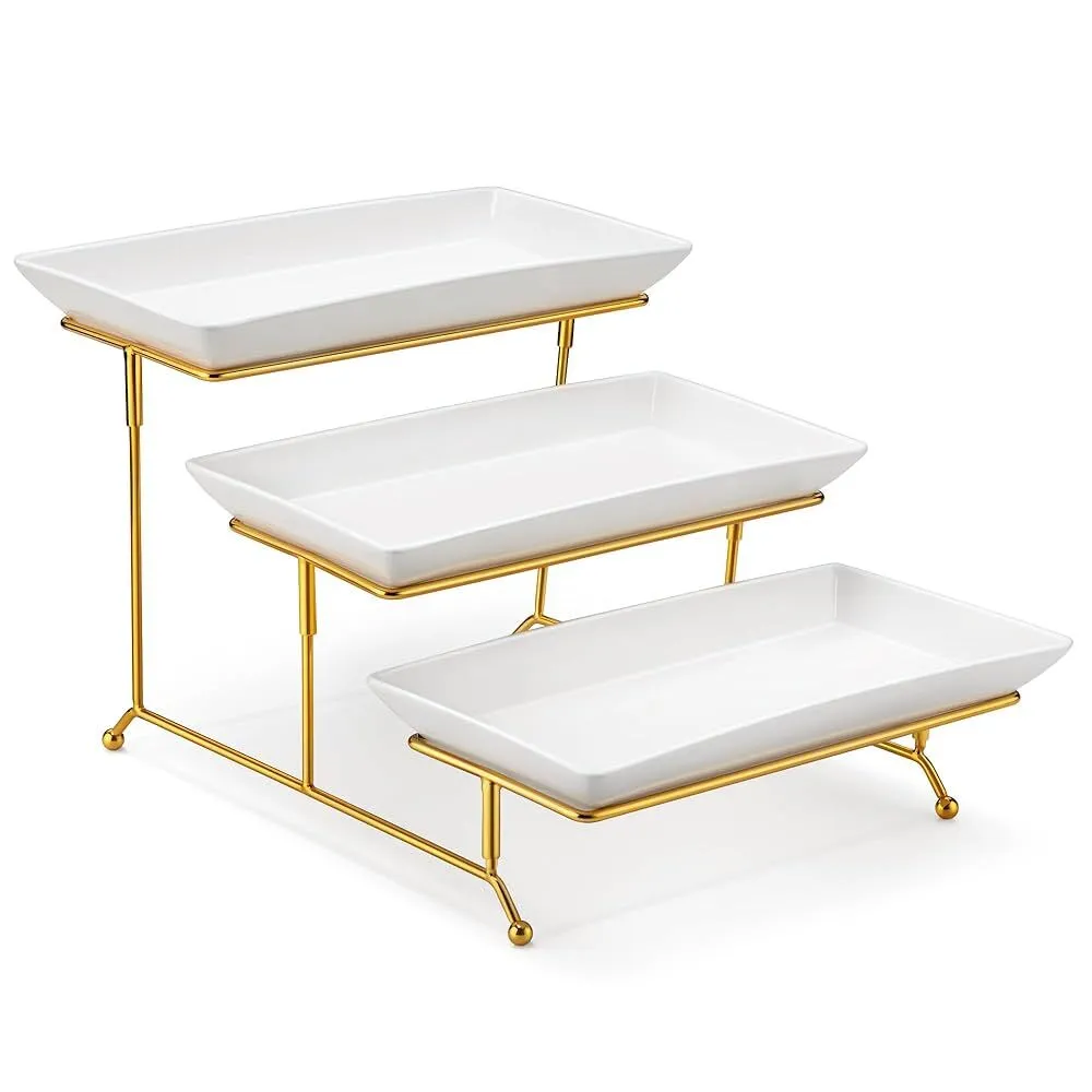 3 Tier Serving Trays for Party, 12 Inch Porcelain White Trays for Serving Food, Dessert Stand with Collapsible Gold Metal Rack